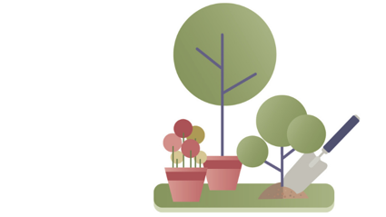 Een tuintje met een boom, een struik, plantjes en een schop in de grond.