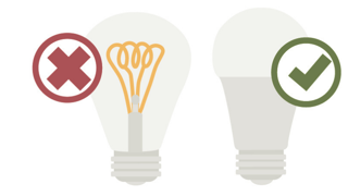 Een gloeilamp met rood kruis (fout) en een ledlamp met groen vinkje (goed)