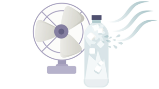 Een ventilator waar een flesje water met ijsklontjes voor staat, met een koele windstroom
